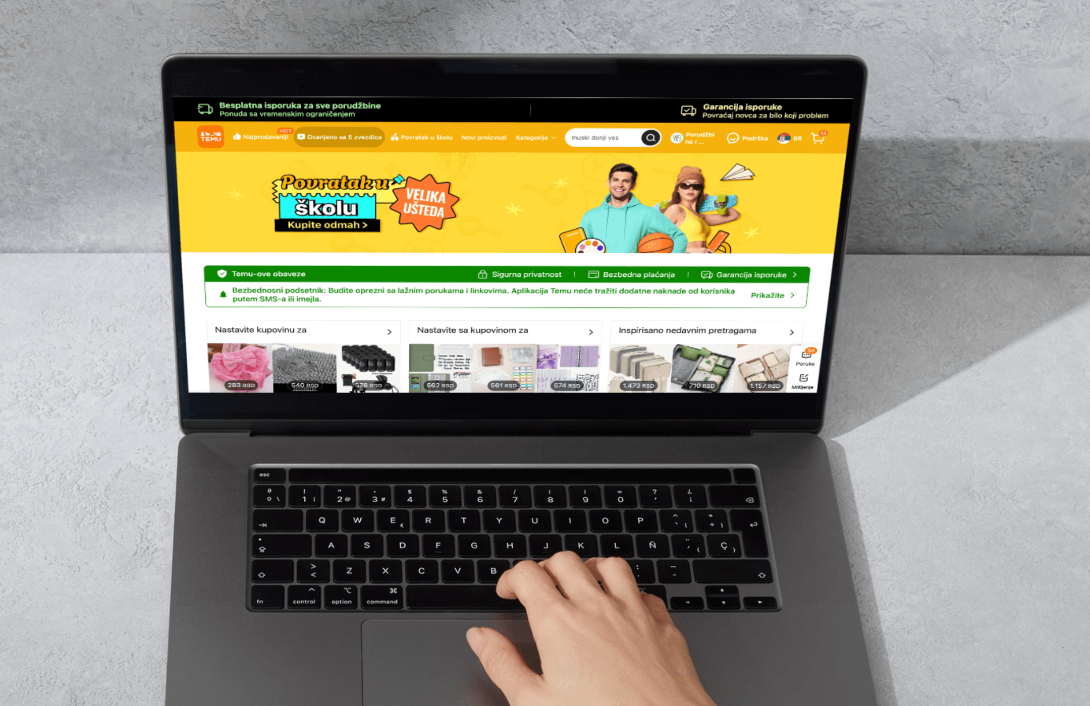 Temu online prodavnica - Prikaz korisničkog interfejsa Prikaz ekrana sa Temu online prodavnicom u Srbiji